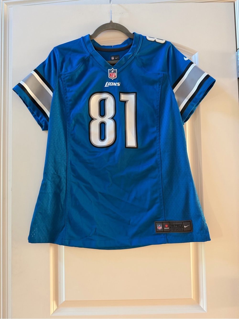 Nike NFL On Field Detroit Lions #81 Calvin Johnson Womens Fitted Football Jersey